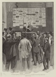 De algemene verkiezingen, aankondiging van de stembusuitslagen in de rookkamer van de National Liberal Club